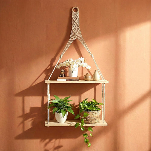 2 Tier Rope Hanging Shelf Wooden Boho Bedroom Decor Plant Display Storage Rack
